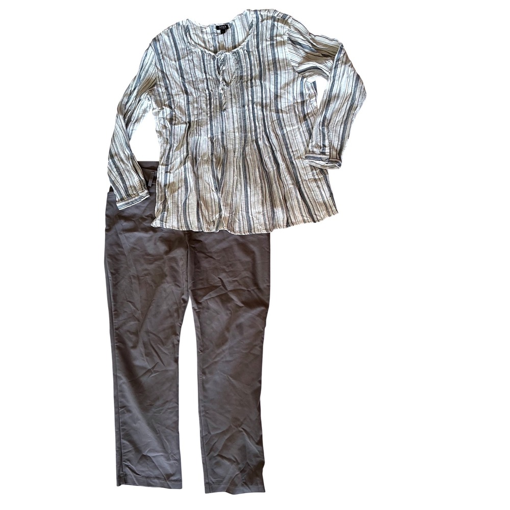 Lee Pants a.n.a Blouse Set Womens 18 Medium Gray Striped Excellent Straight Leg